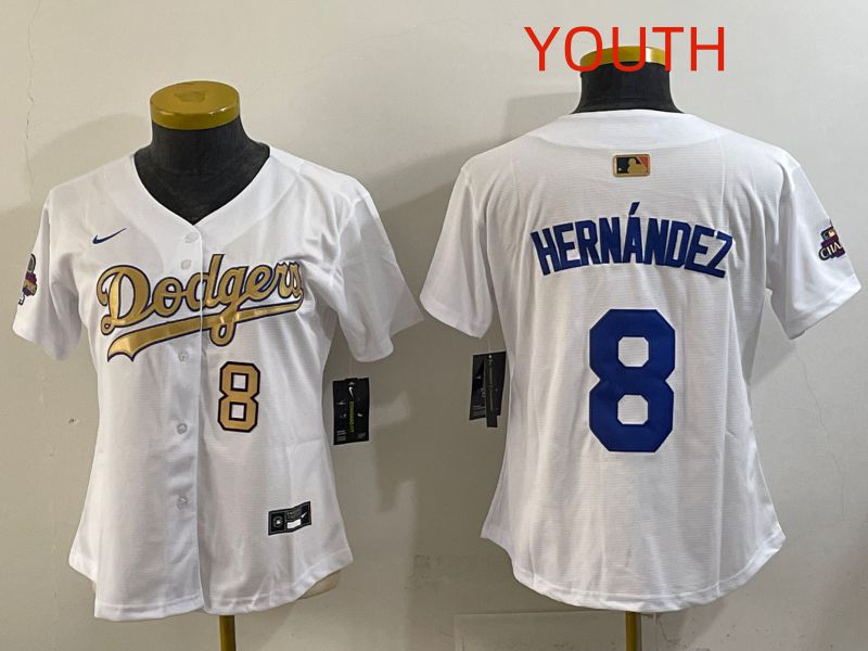 Youth Los Angeles Dodgers #8 Hernandez White Champion edition Nike MLB Jersey style 002